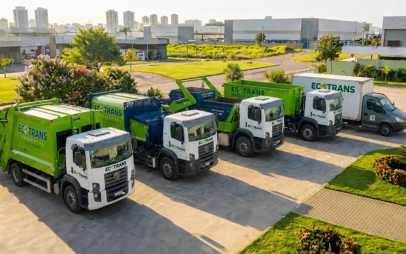 Vista aérea do pátio da Ecotrans Ambiental com caminhões compactadores, poliguindastes e roll-on
